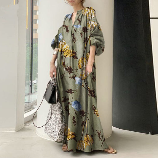 CREAMTOPMALL [Developed and listed] Japanese-style new cotton and linen printed V-neck large-size long dress, Japanese and Korean comfortable women's long dress