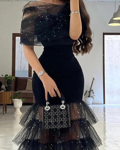 CREAMTOPMALL haute couture black dress boutique waist literary mesh sequins elegant long dress niche design dress