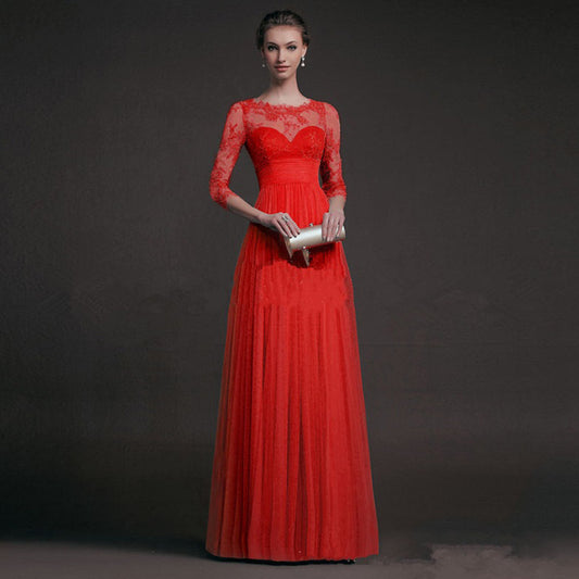 CREAMTOPMALL Russian dress export women's clothing four seasons hot-selling long-sleeved red lace mesh evening dress mature temperament long dress