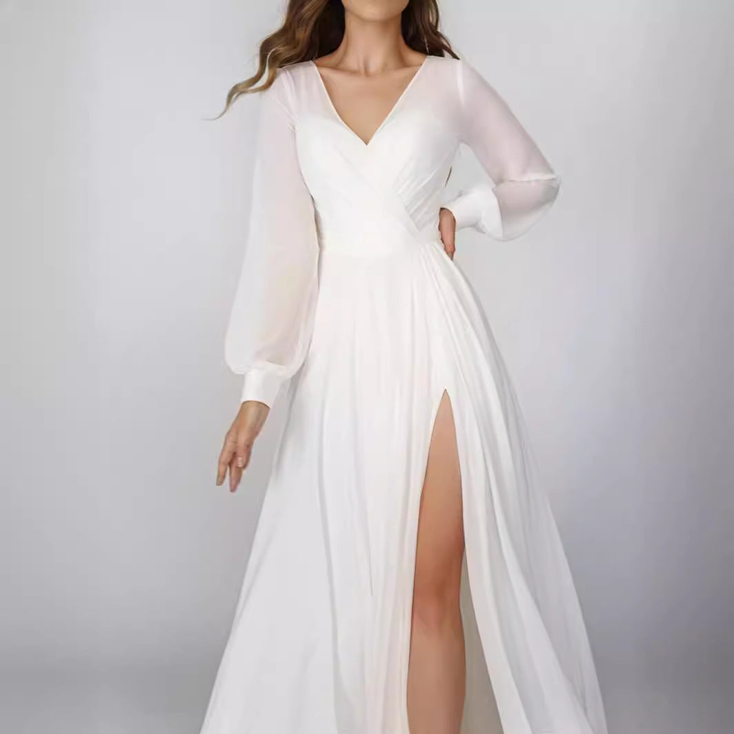 CREAMTOPMALL [Paris Show] Niche  High-end White Chiffon Dress Split V-Neck Elegant Court Women's Dress