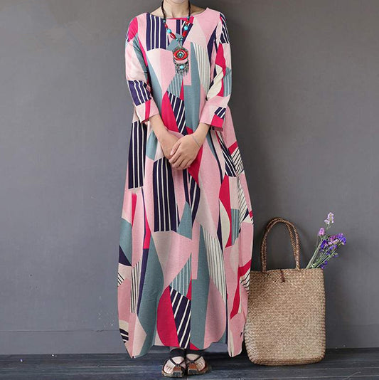 CREAMTOPMALL [Original Design] Exported to Japan and South Korea, the new large-size women's clothing cotton and linen round neck printed retro elegant women's dress