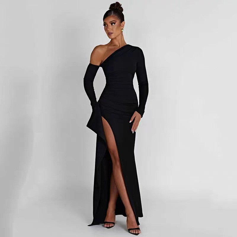 CREAMTOPMALL [Fragrant Luxury Selection] Premium Black High Split Shoulder Long Sleeve Sexy Dress 2025 Export High Waist Women's Dress