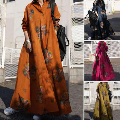 CREAMTOPMALL [Seasonal list] Japanese-style four-season ethnic wind cotton and linen old-fashioned long-sleeved loose pendulum dress light and mature women