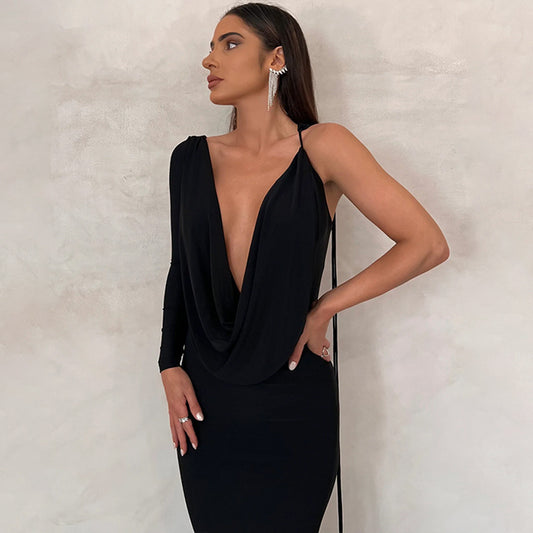 CREAMTOPMALL [Aristocratic temperament] High-end deep V original backless shoulder sexy dress 2025 trade 2025  evening dress