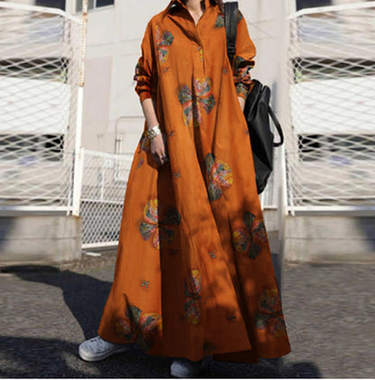 CREAMTOPMALL [Seasonal list] Japanese-style four-season ethnic wind cotton and linen old-fashioned long-sleeved loose pendulum dress light and mature women