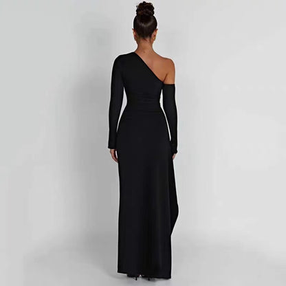 CREAMTOPMALL [Fragrant Luxury Selection] Premium Black High Split Shoulder Long Sleeve Sexy Dress 2025 Export High Waist Women's Dress