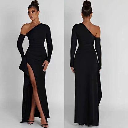 CREAMTOPMALL [Fragrant Luxury Selection] Premium Black High Split Shoulder Long Sleeve Sexy Dress 2025 Export High Waist Women's Dress