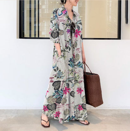 CREAMTOPMALL [Buyer List] Japanese and Korean popular ladies cotton and linen big flowers loose long skirt long sleeve socket long shirt skirt women