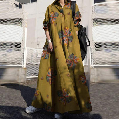 CREAMTOPMALL [Seasonal list] Japanese-style four-season ethnic wind cotton and linen old-fashioned long-sleeved loose pendulum dress light and mature women