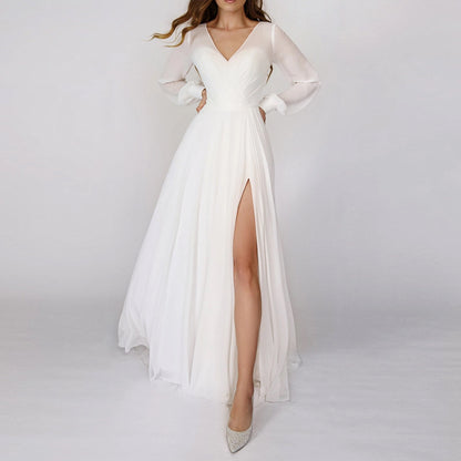 CREAMTOPMALL [Paris Show] Niche  High-end White Chiffon Dress Split V-Neck Elegant Court Women's Dress