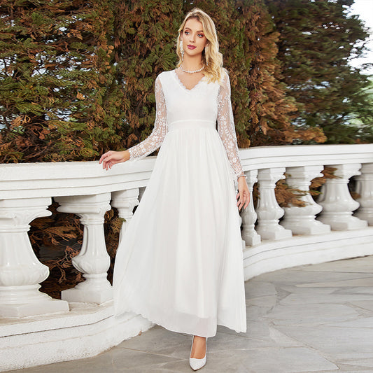 CREAMTOPMALL Niche  high-end white princess dress lace edge V-neck mesh hollow long dress chiffon bridesmaid clothes