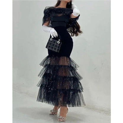 CREAMTOPMALL haute couture black dress boutique waist literary mesh sequins elegant long dress niche design dress