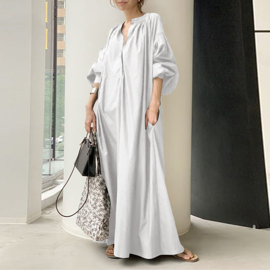 CREAMTOPMALL Export new hot-selling Japanese and Korean women's clothing cotton and linen dress plain color loose casual long large size Japanese dress