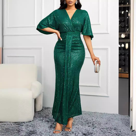 CREAMTOPMALL Green light luxury banquet party skirt V-neck sequined high-waisted dress can be worn in all seasons, large size 2025 trade mature dress