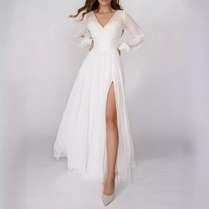 CREAMTOPMALL [Paris Show] Niche  High-end White Chiffon Dress Split V-Neck Elegant Court Women's Dress