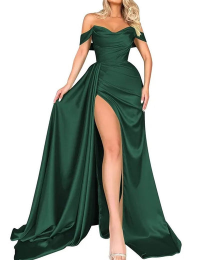 CREAMTOPMALL Light luxury niche host party evening dress European, American 2025 trade high split one-word shoulder thin sexy women's dress