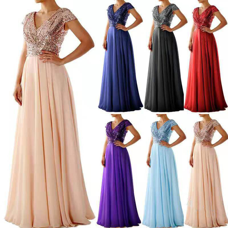 CREAMTOPMALL Hot trade dress skirt women's elegant sequined chiffon splicing evening dress 2025 texture V-neck dress