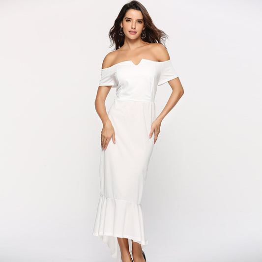 CREAMTOPMALL Sexy off-the-shoulder light and familiar dovetail dress dress, 2025 fashion,  explosion, beautiful temperament women's short-sleeved dress