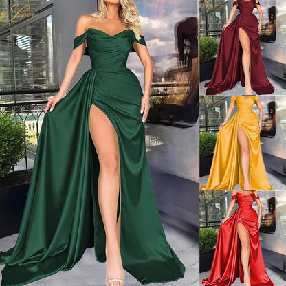 CREAMTOPMALL Light luxury niche host party evening dress European, American 2025 trade high split one-word shoulder thin sexy women's dress