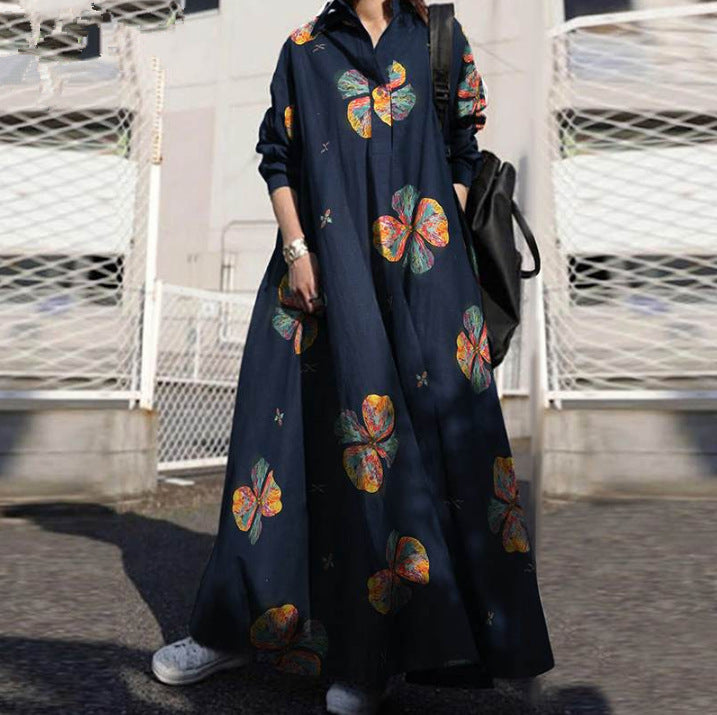 CREAMTOPMALL [Seasonal list] Japanese-style four-season ethnic wind cotton and linen old-fashioned long-sleeved loose pendulum dress light and mature women