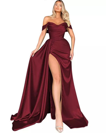 CREAMTOPMALL Light luxury niche host party evening dress European, American 2025 trade high split one-word shoulder thin sexy women's dress