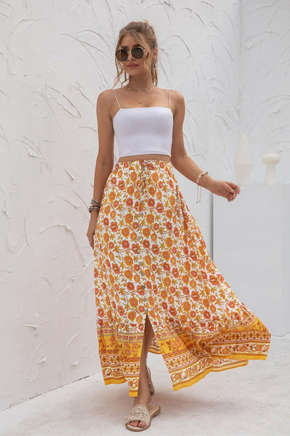 Creamtopmall High-Waist Printed Button-Up Slit Skirt