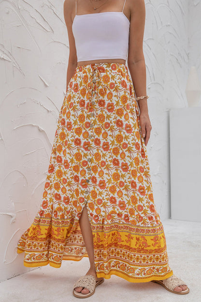 Creamtopmall High-Waist Printed Button-Up Slit Skirt