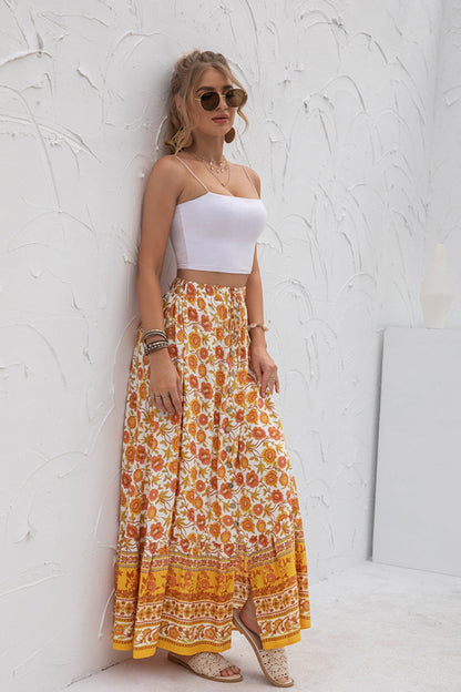 Creamtopmall High-Waist Printed Button-Up Slit Skirt