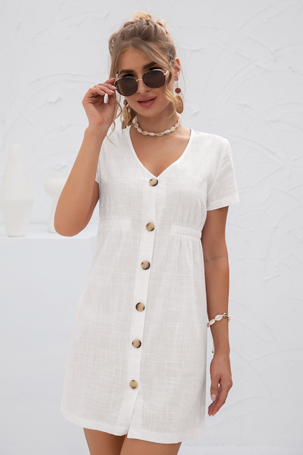 Creamtopmall V-Neck High Waist Buttoned Dress