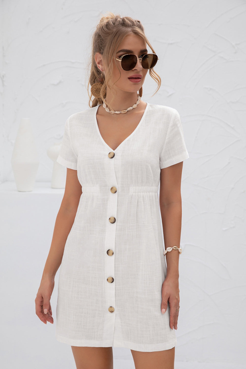 Creamtopmall V-Neck High Waist Buttoned Dress