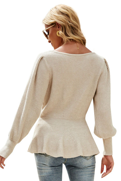 Creamtopmall Lantern Sleeve Crop Knitting Sweater