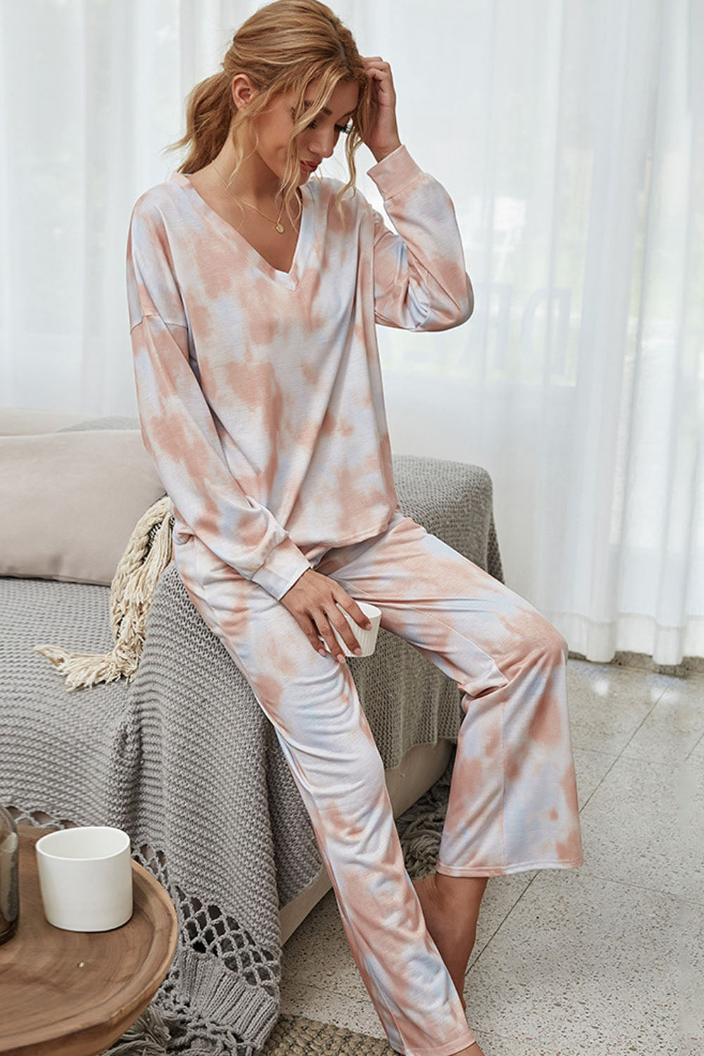 creamtopmall Tie-Dye Round Neck Pajamas