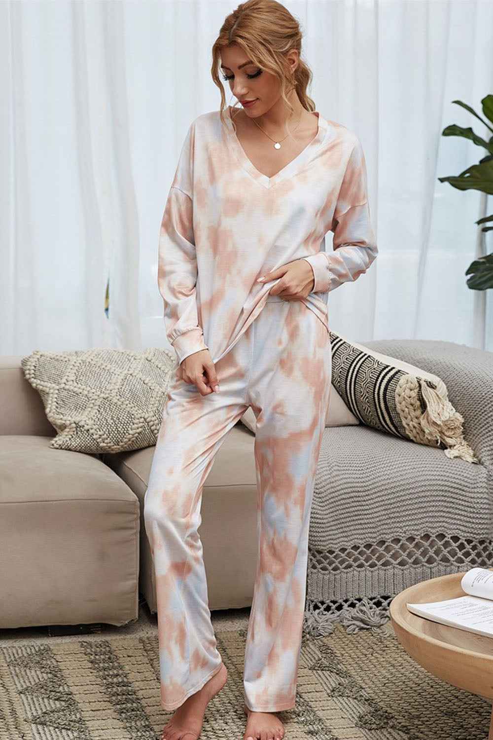 creamtopmall Tie-Dye Round Neck Pajamas