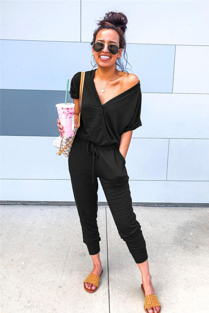 creamtopmall Deep V Solid Color Casual Jumpsuit