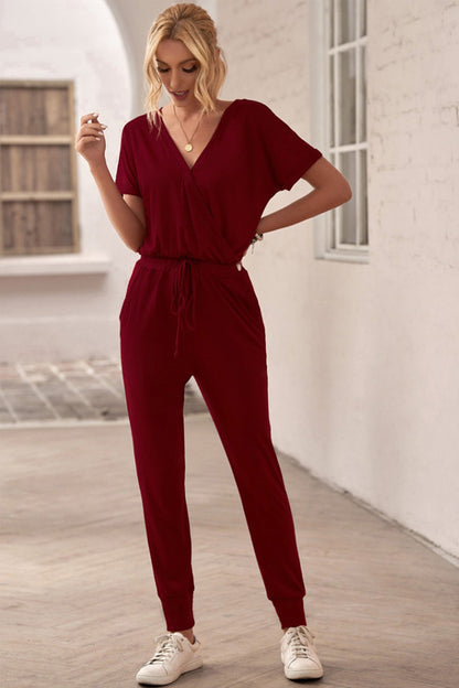 creamtopmall Deep V Solid Color Casual Jumpsuit