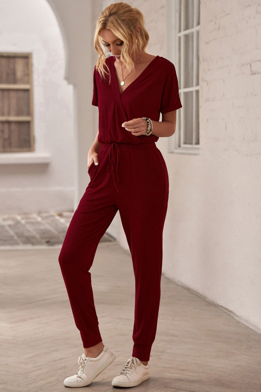 creamtopmall Deep V Solid Color Casual Jumpsuit