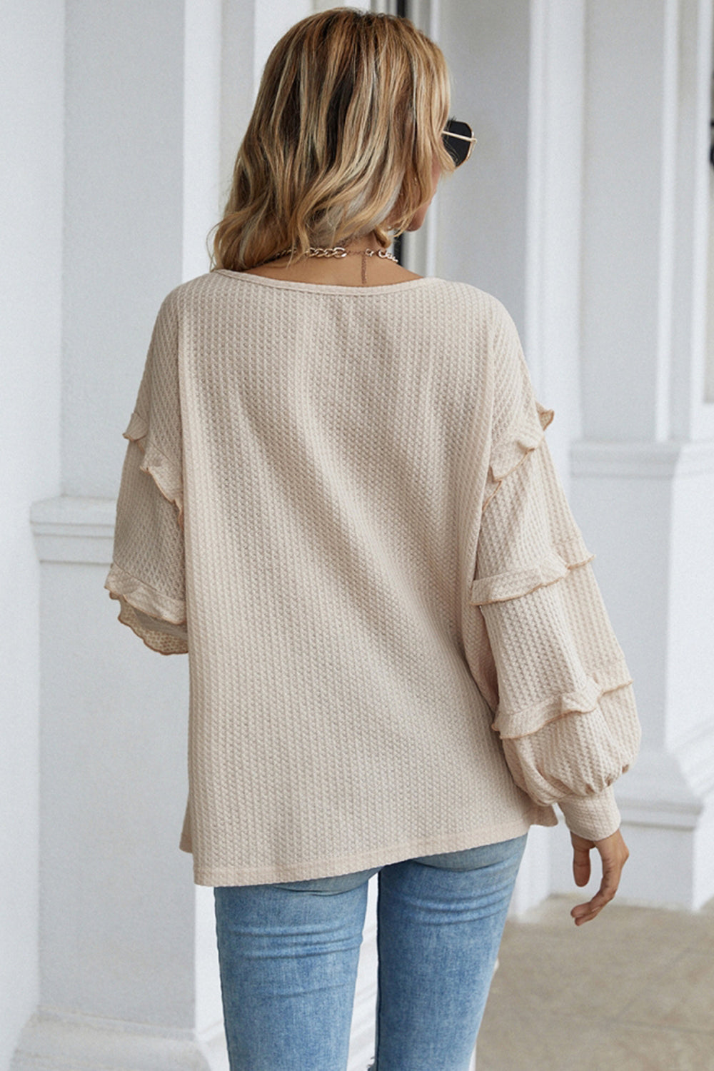 Creamtopmall Solid Color Petal Sleeve Sweater