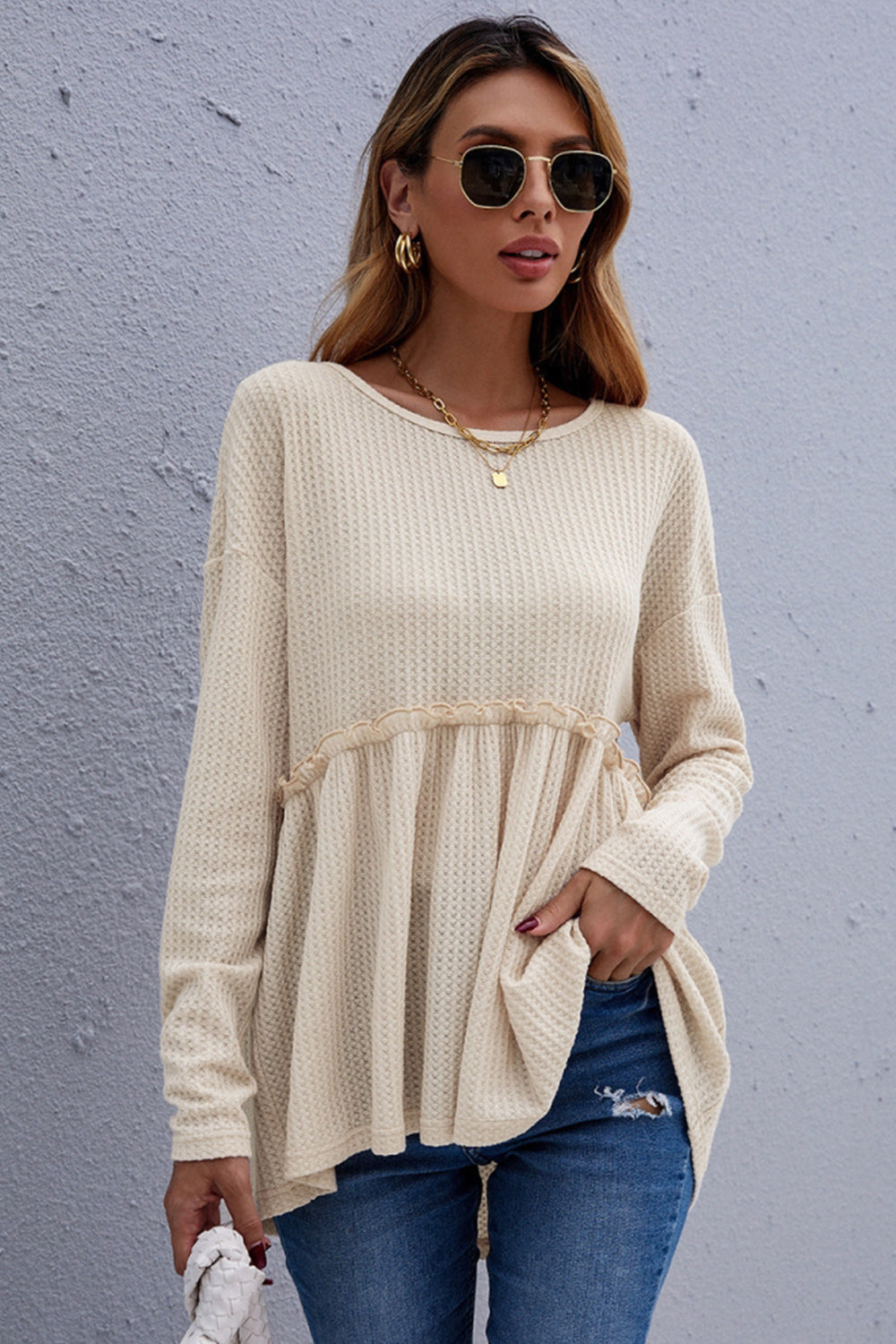 Creamtopmall Solid Color Waffle Sweater