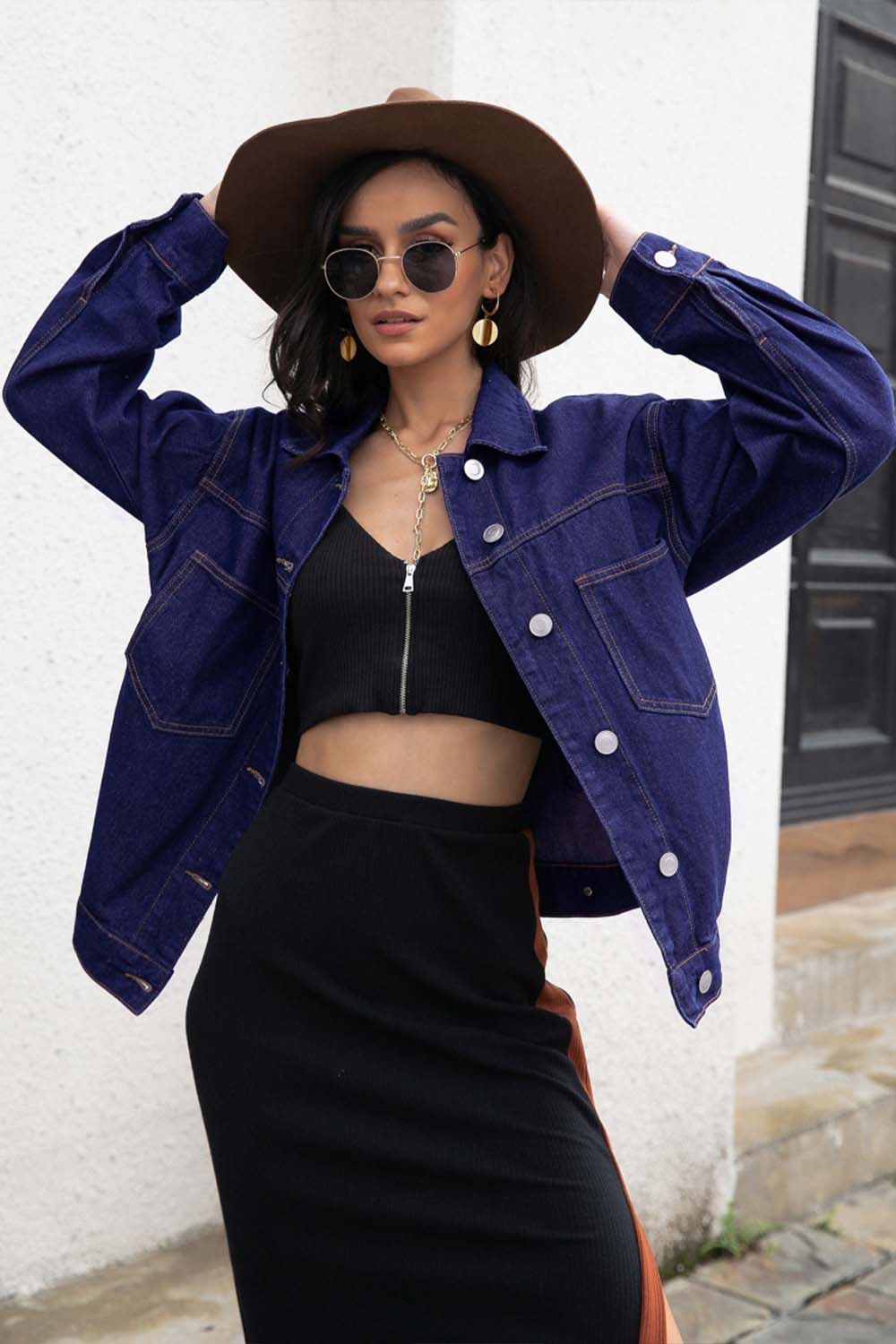 Creamtopmall Lapel Long Sleeve Denim Jacket