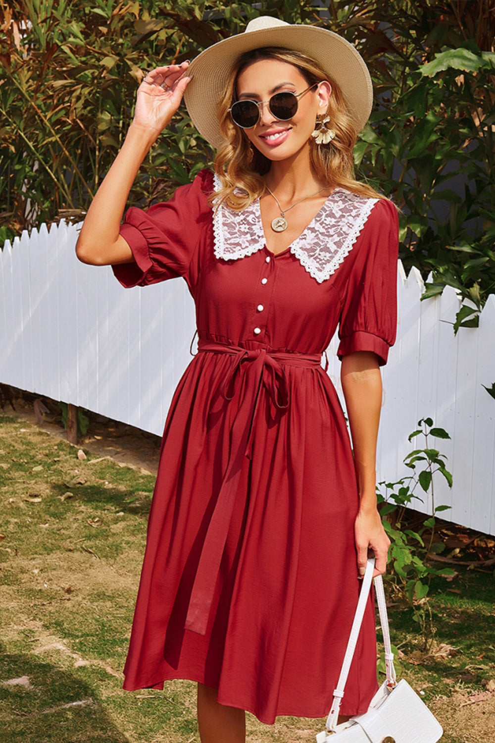 Creamtopmall Solid Color Elastic Waist Midi Dress