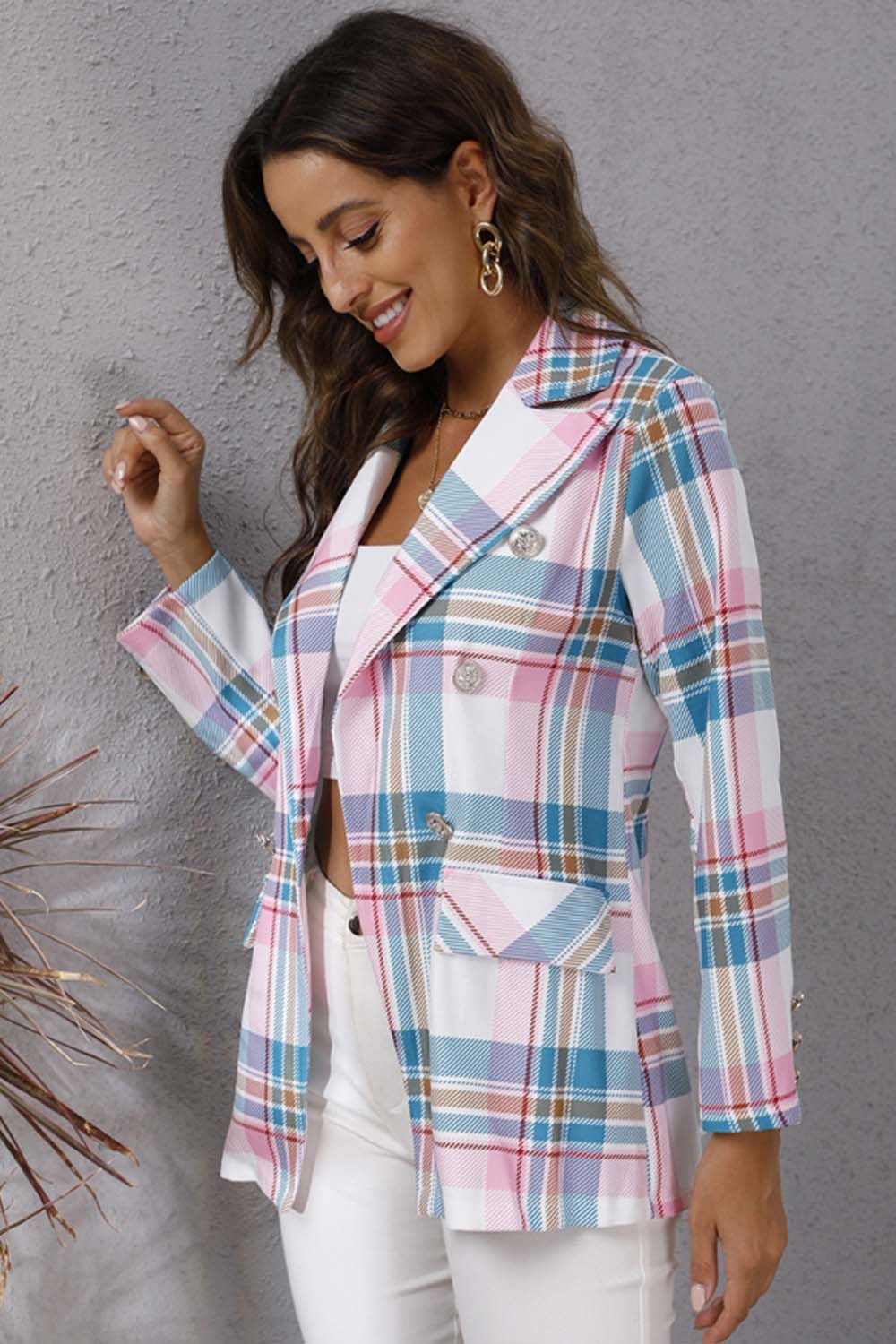 Creamtopmall Colorful Plaid Print Long-Sleeved Blazer