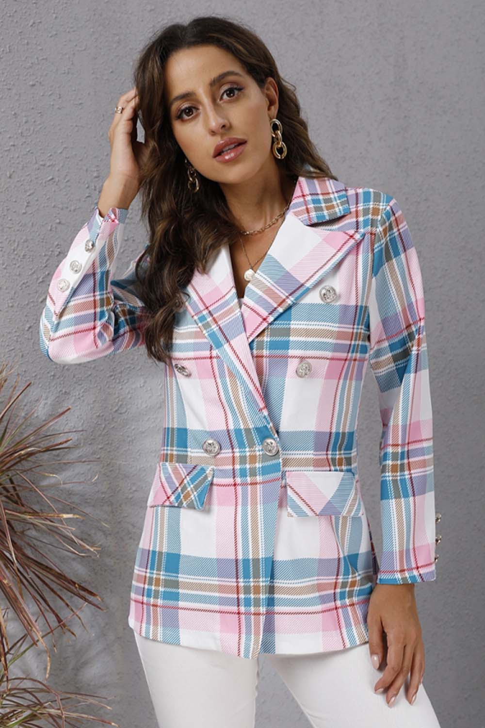 Creamtopmall Colorful Plaid Print Long-Sleeved Blazer