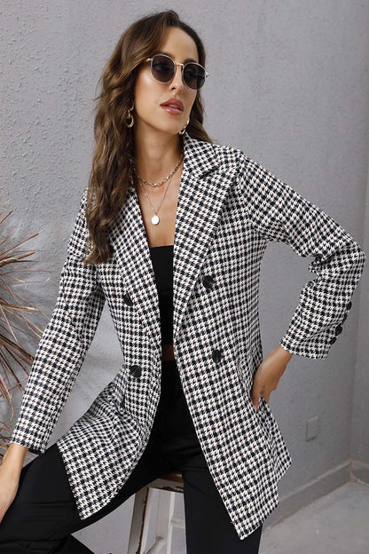 Creamtopmall Houndstooth Lapel Long Sleeve Coat