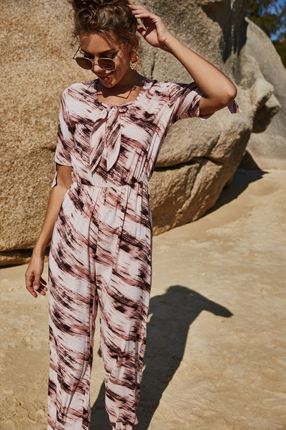 creamtopmall Printed Tie Jumpsuit