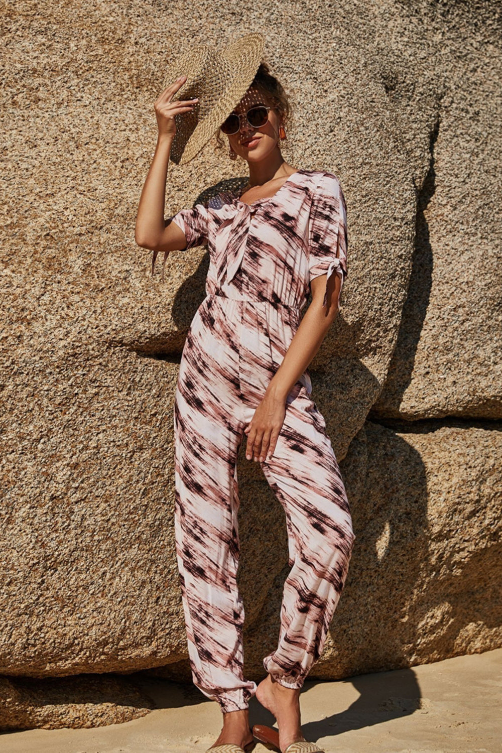 creamtopmall Printed Tie Jumpsuit