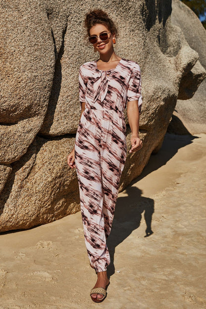 creamtopmall Printed Tie Jumpsuit