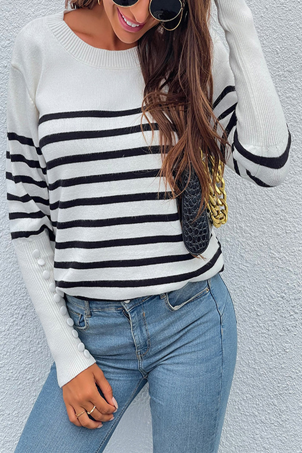 Creamtopmall Button Contrast Striped Sweater