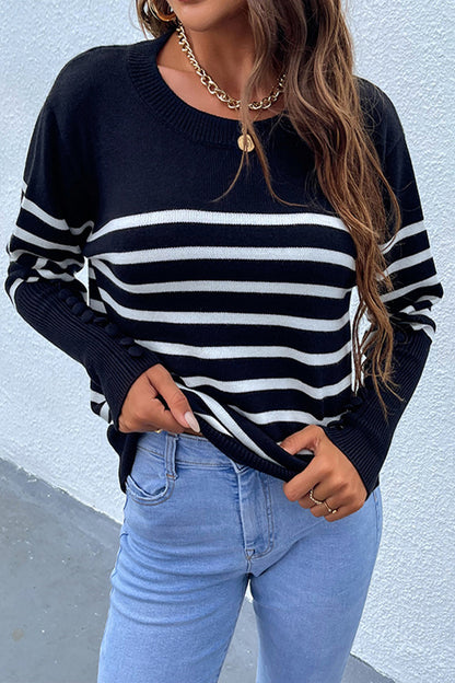 Creamtopmall Button Contrast Striped Sweater