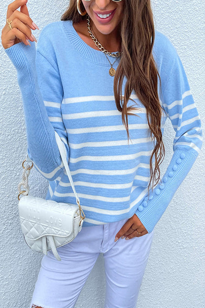 Creamtopmall Button Contrast Striped Sweater