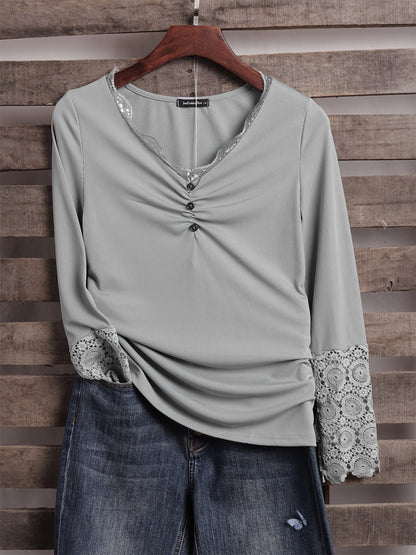 Creamtopmall Lace Stitching V Neck Long Sleeve T-Shirt